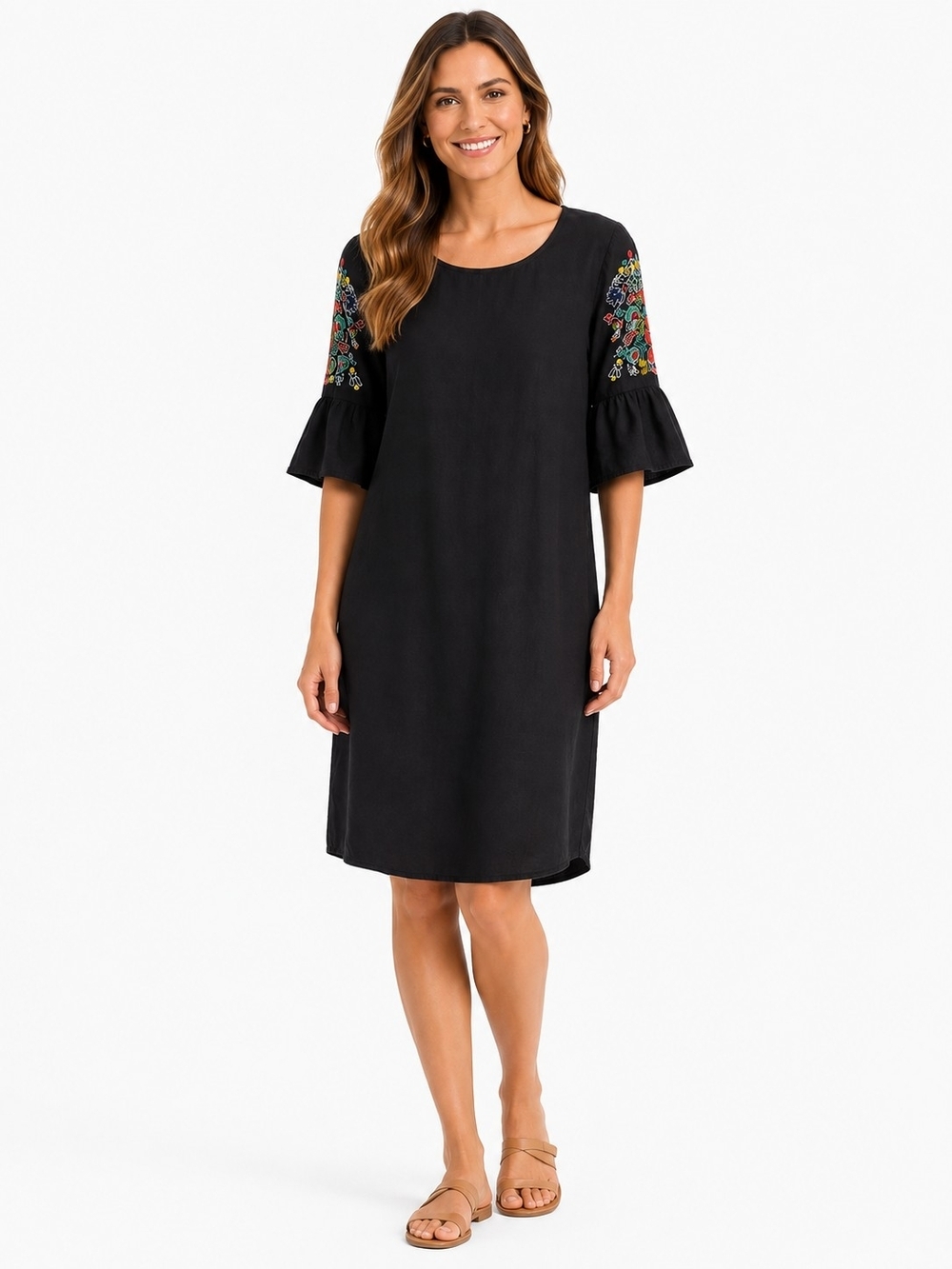 BARE Black Embroidered Ruffle-Sleeve Midi Dress Medium